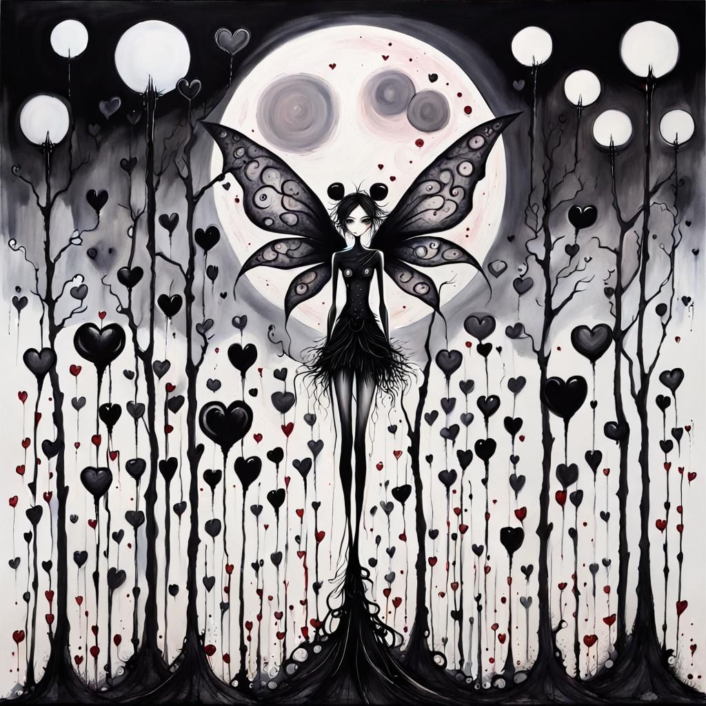 Creepy Fairies with Black Hearts in Abstract Expressionism