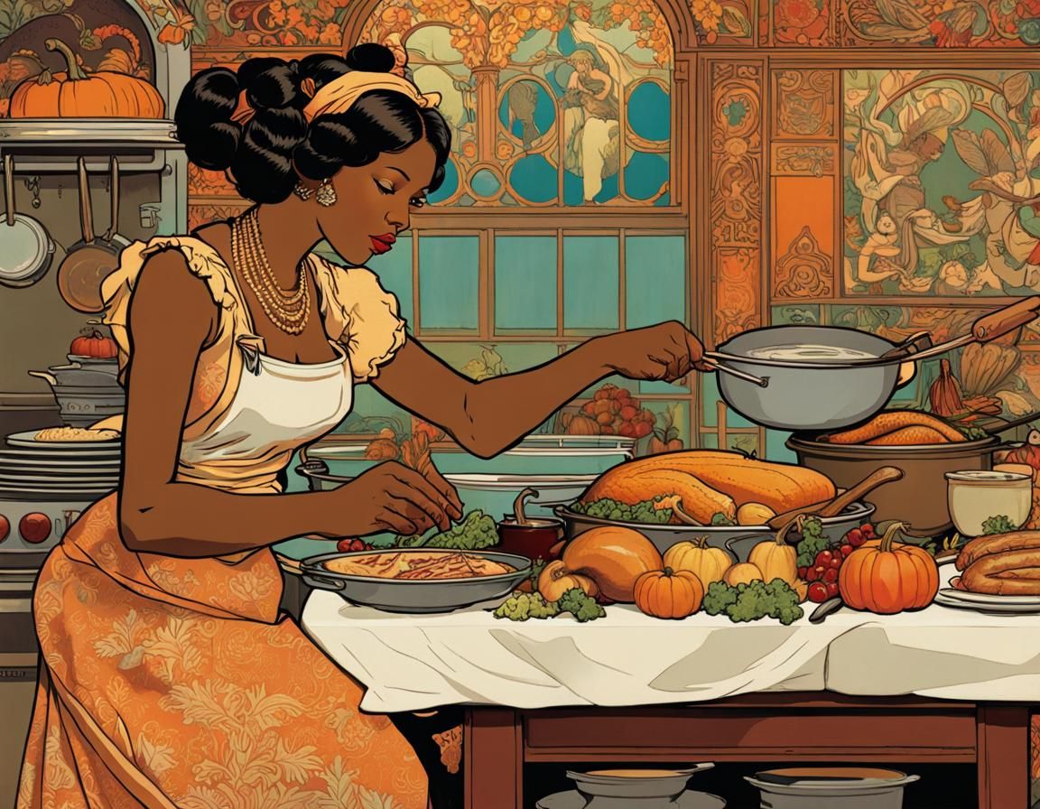Thanksgiving Dinner: Black Women in Alphonse Mucha Style