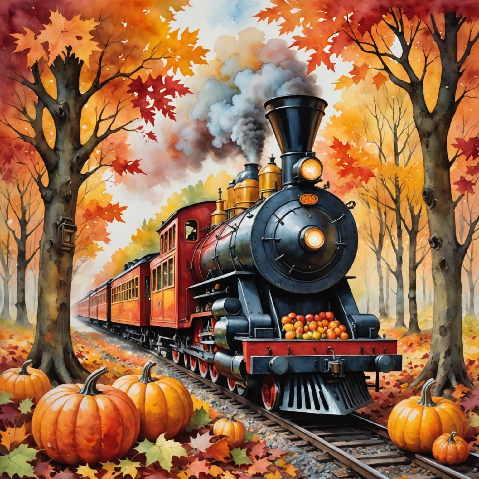 Whimsical Pumpkin Train in Autumn Forest Watercolor