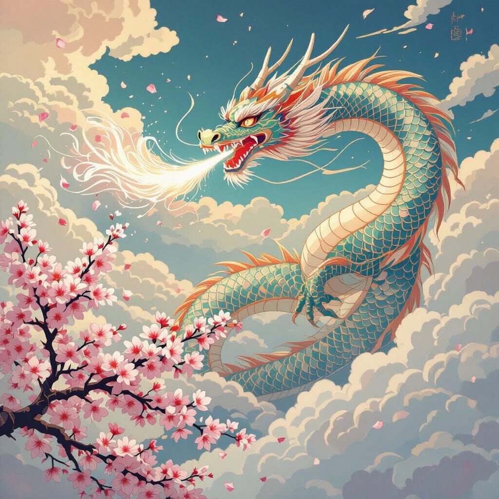 Japanese Dragon Soars Over Cherry Blossoms in Ukiyo-e Style