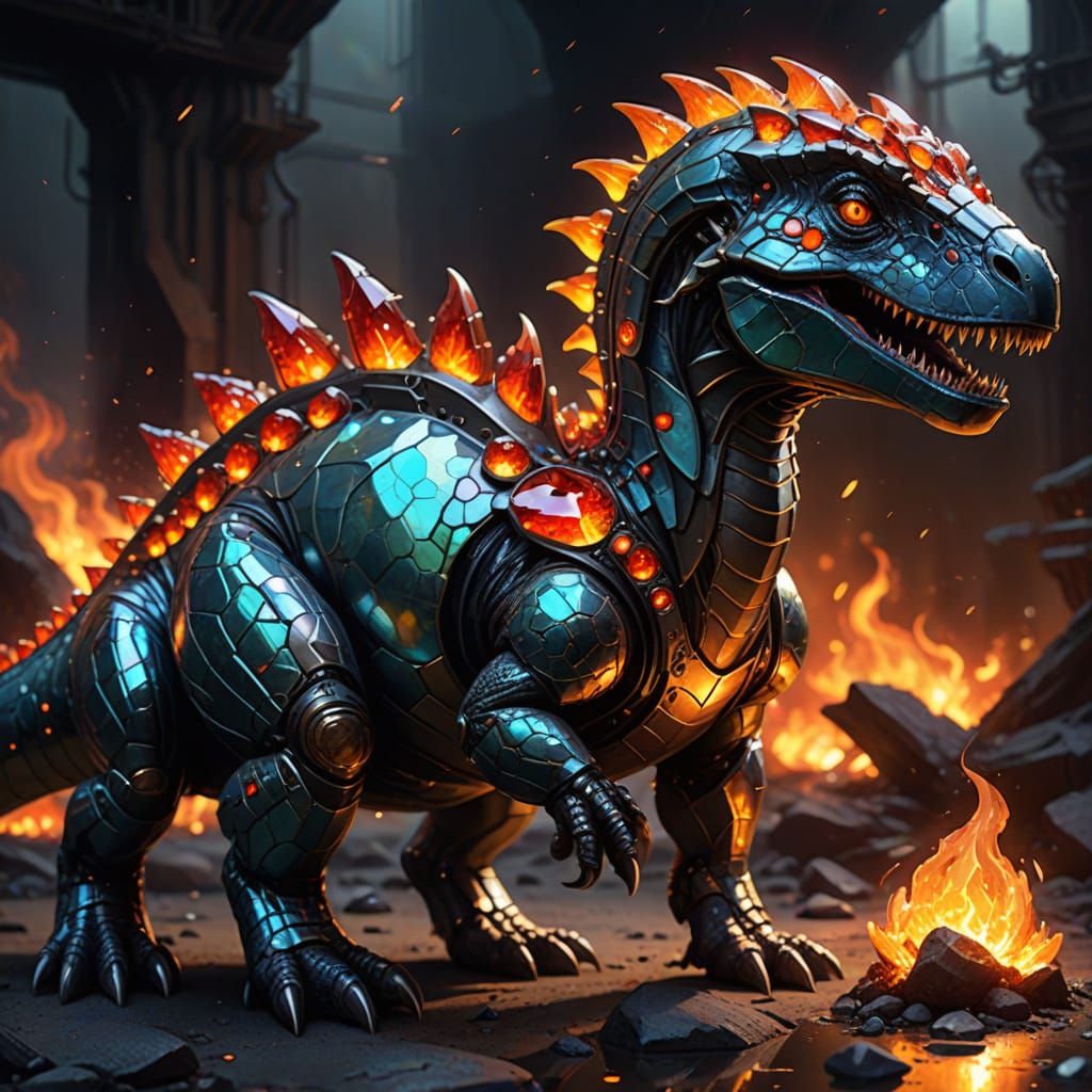 Metallic Baby Dinosaur with Fiery Gemstones
