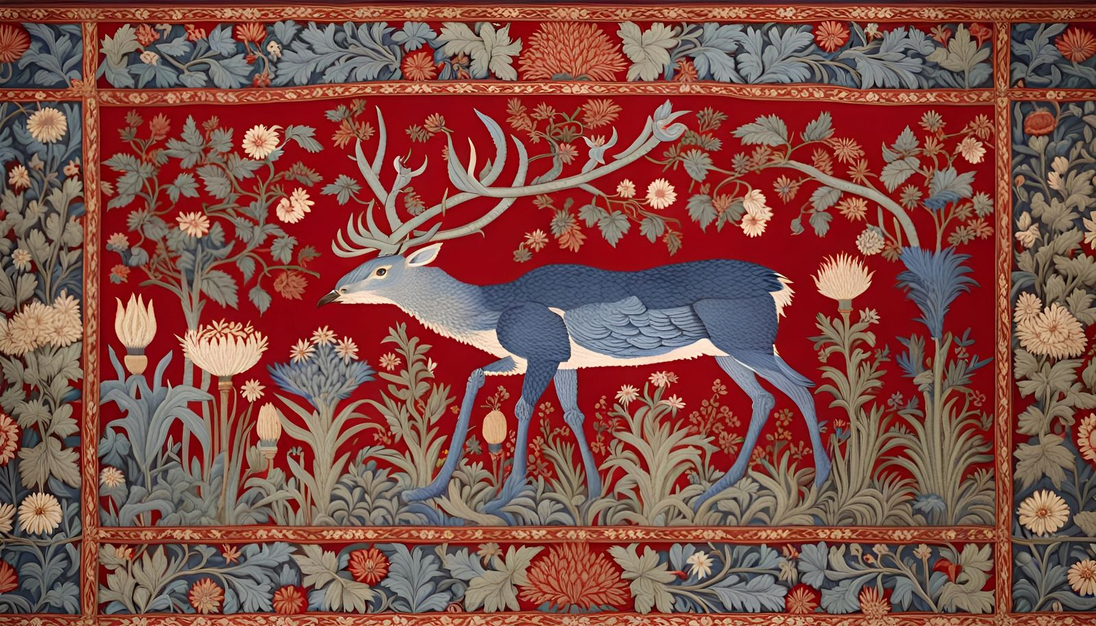 Ornate Tapestry with Birds, Deer and Floral Design