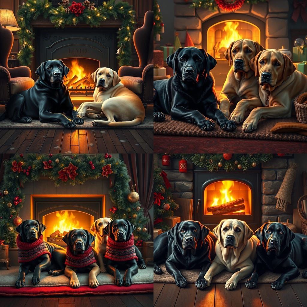 Golden Labradors and Black Canines Gather Around a Cozy Wint...