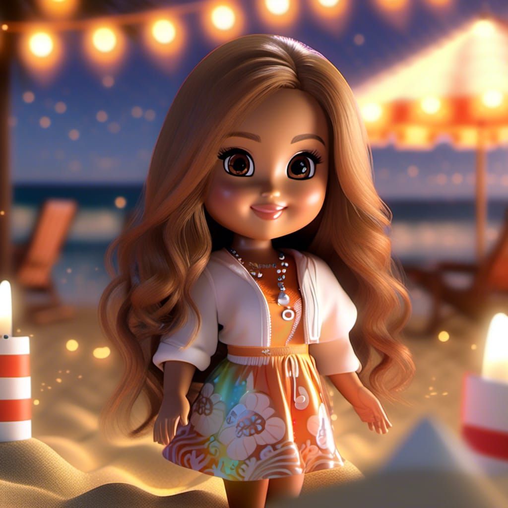 Chibi Anime Character at Beach Party in 3D