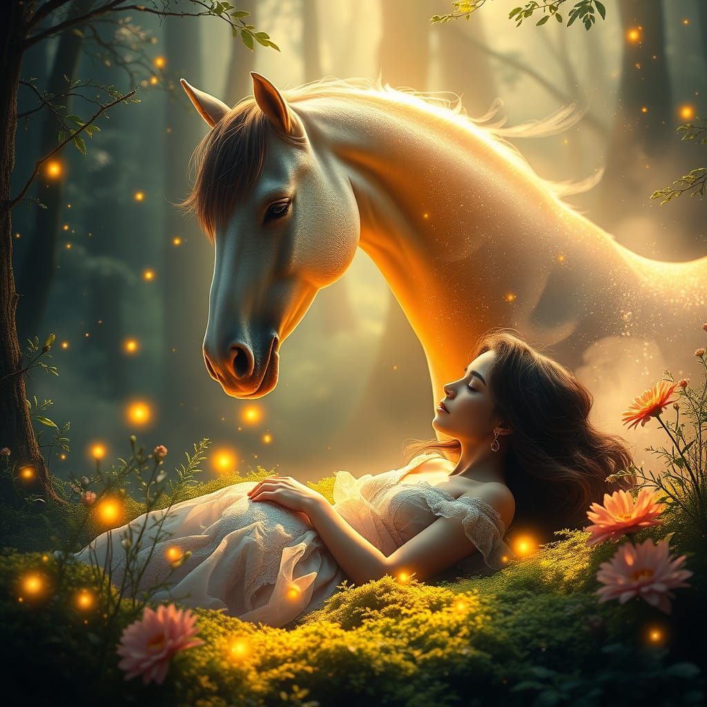 Enchanted Forest Scene with Majestic Stallion and Young Woma...