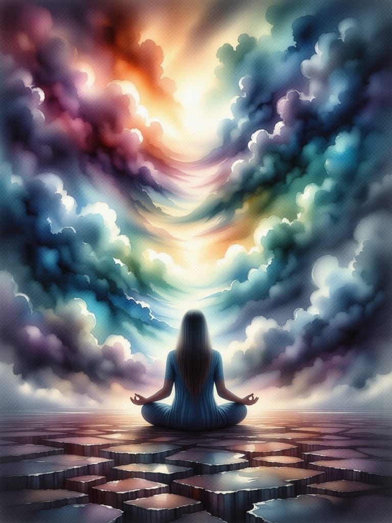 Inner Peace Amidst Chaos: Serene Figure in Storm