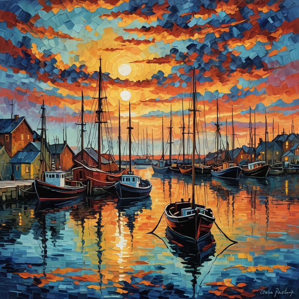 Sunset Harbor in Expressionist Style