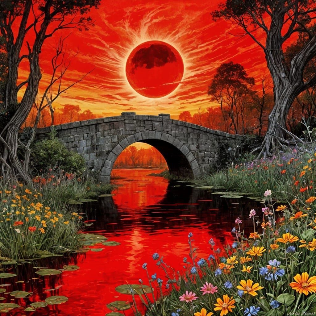 Fire Red Eclipse Over Stone Bridge, Watercolor Art