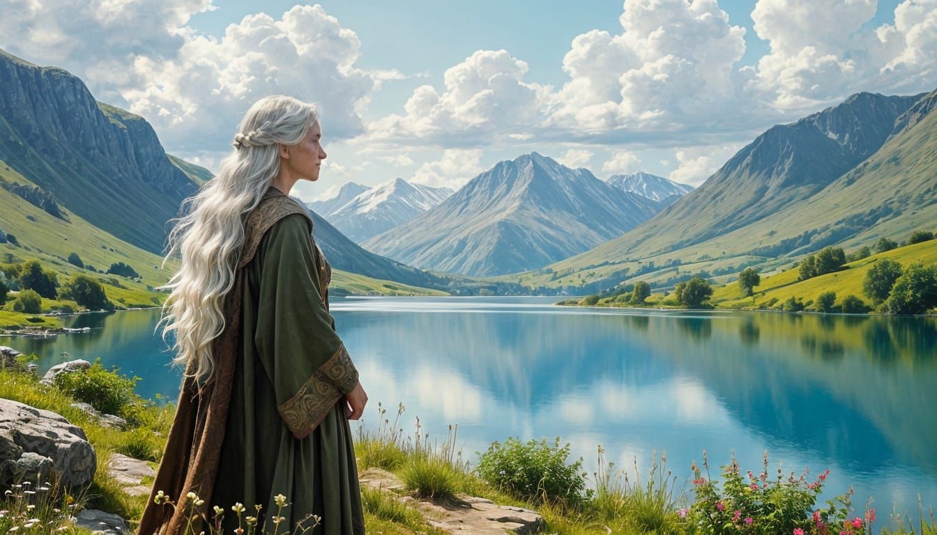 Elderly Druid in Welsh Landscape: Oil Painting