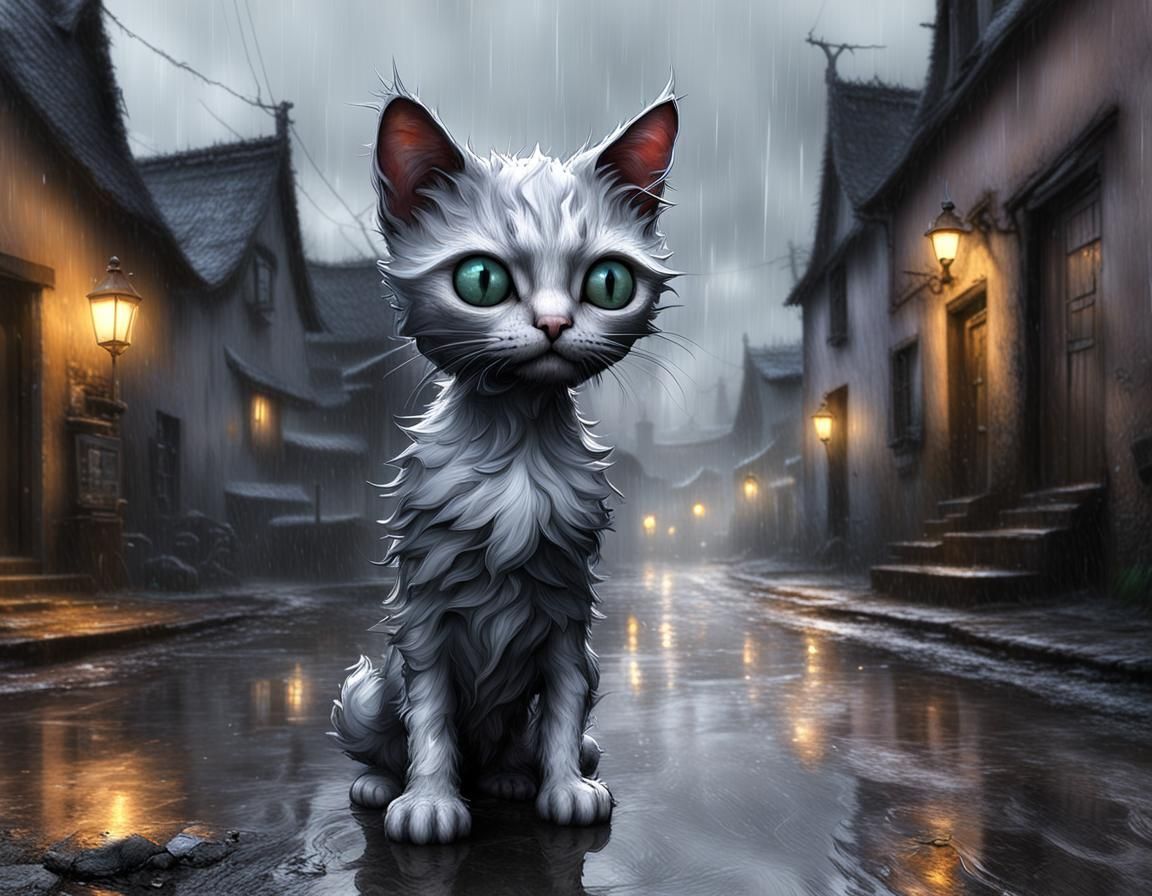 A ugly hideous  wet little kitten wandering on the street at...