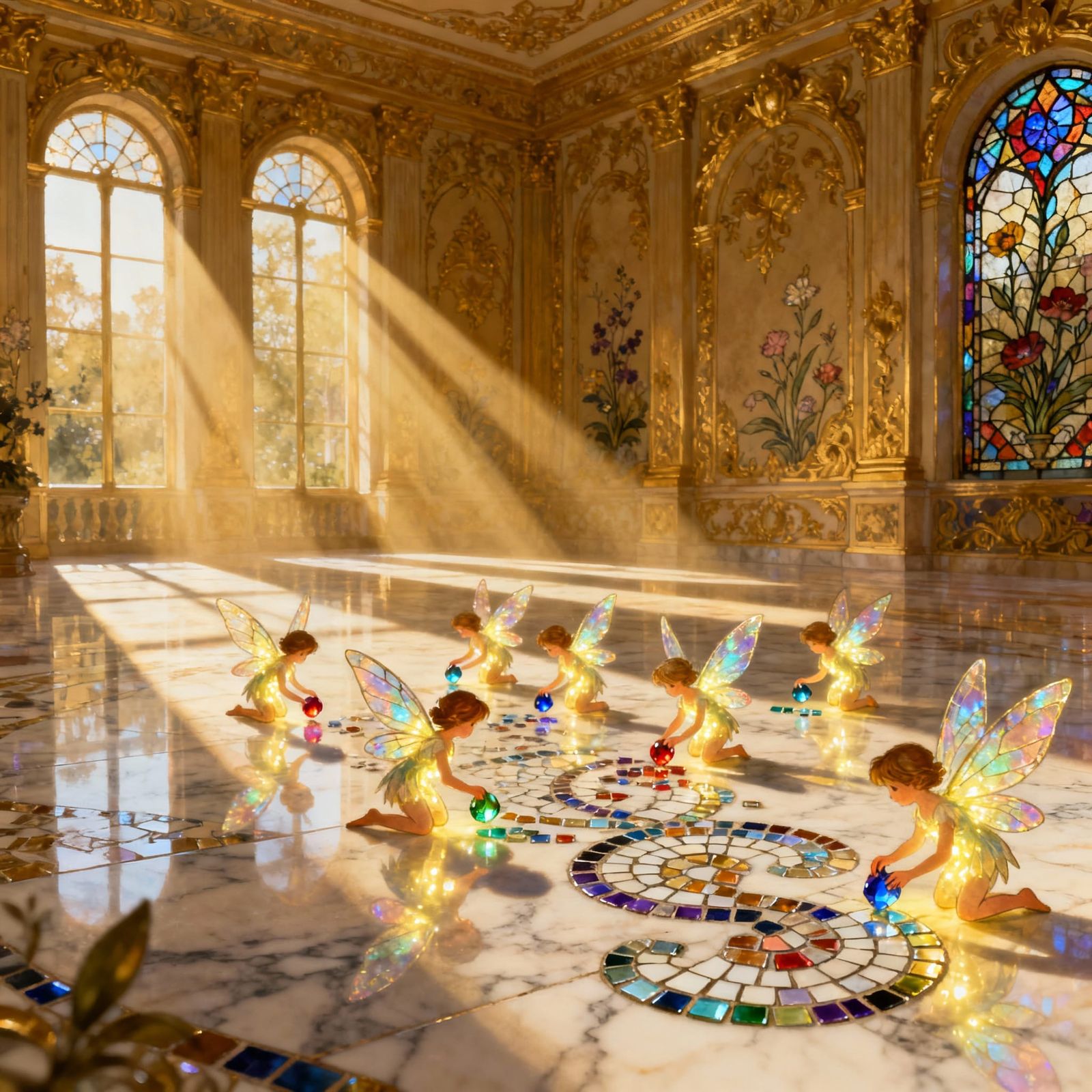 Pixies Crafting a Jewel-Toned Mosaic in a Gilded Palace