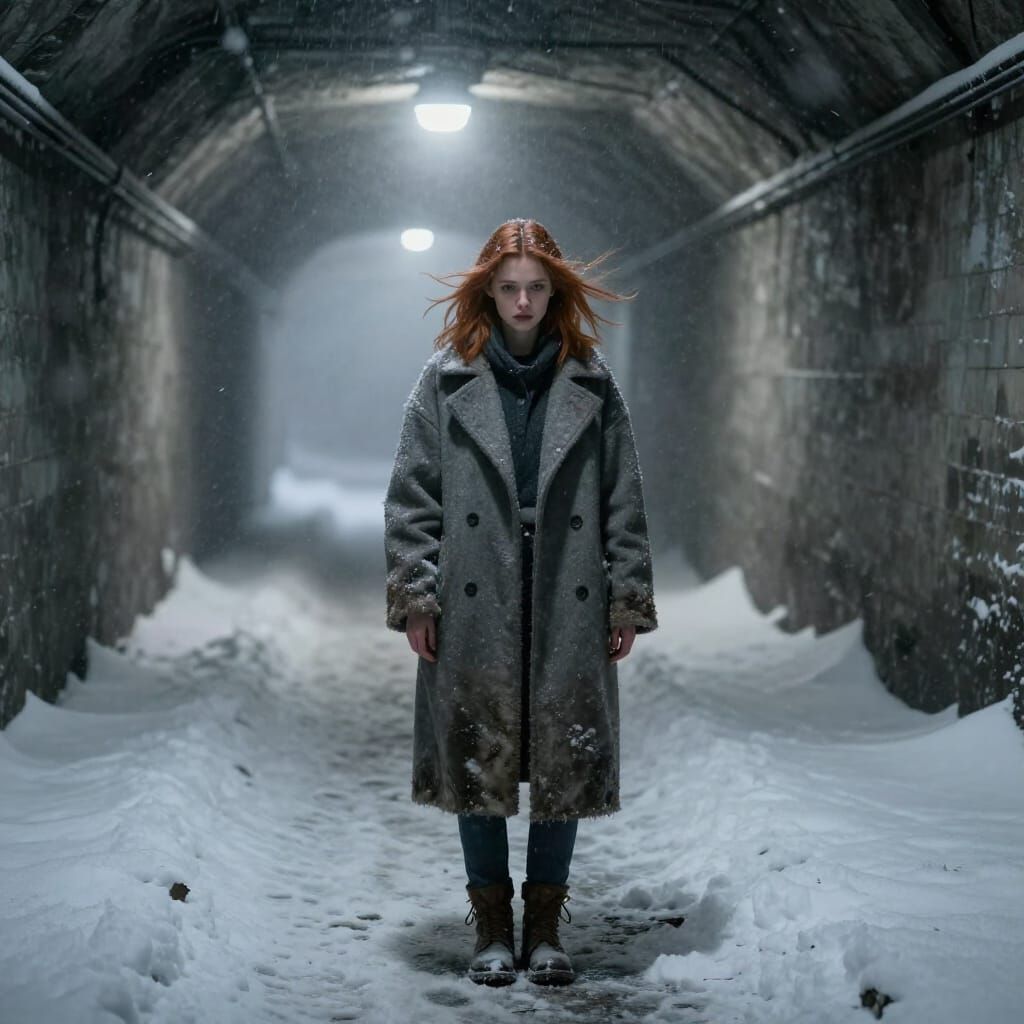Lost Woman in Snowy Subway Tunnel, Hyperrealistic