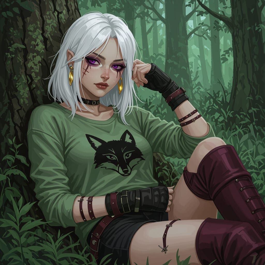 Woman with White Hair in Moody Forest Digital Art
