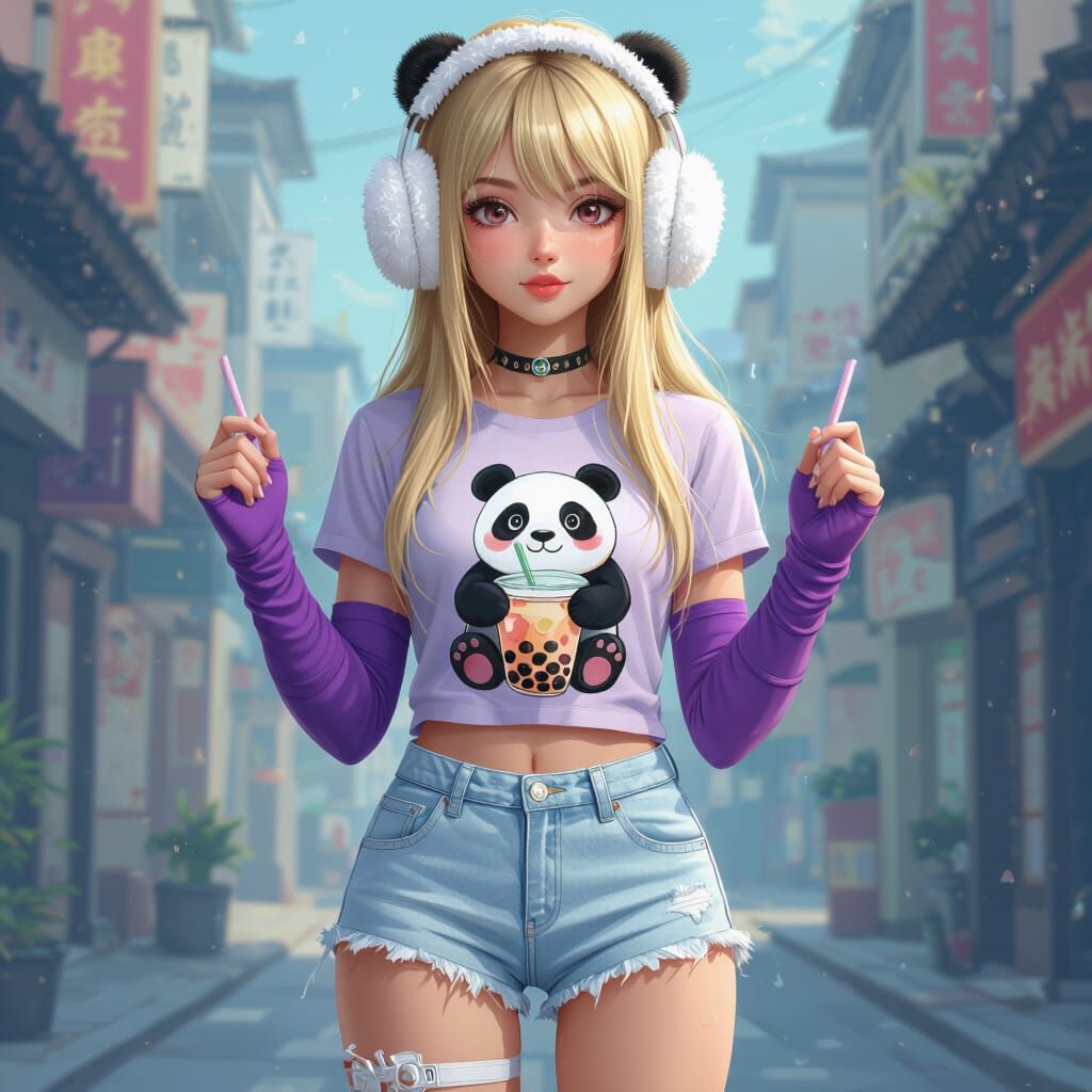 Girl in Panda Boba Shirt with Fluffy Earmuffs