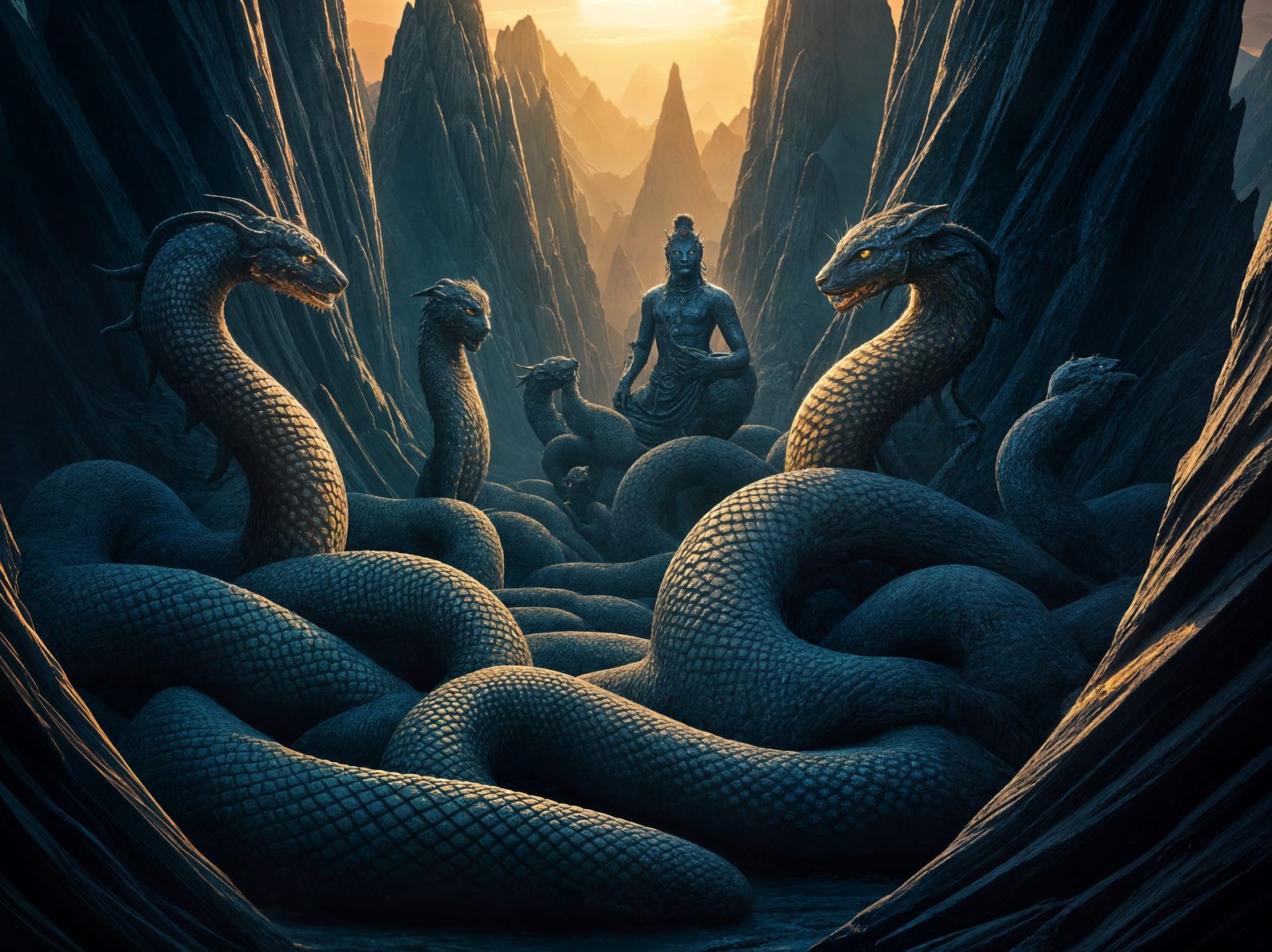 Nagas and Hindu Divinities in a Surreal Landscape