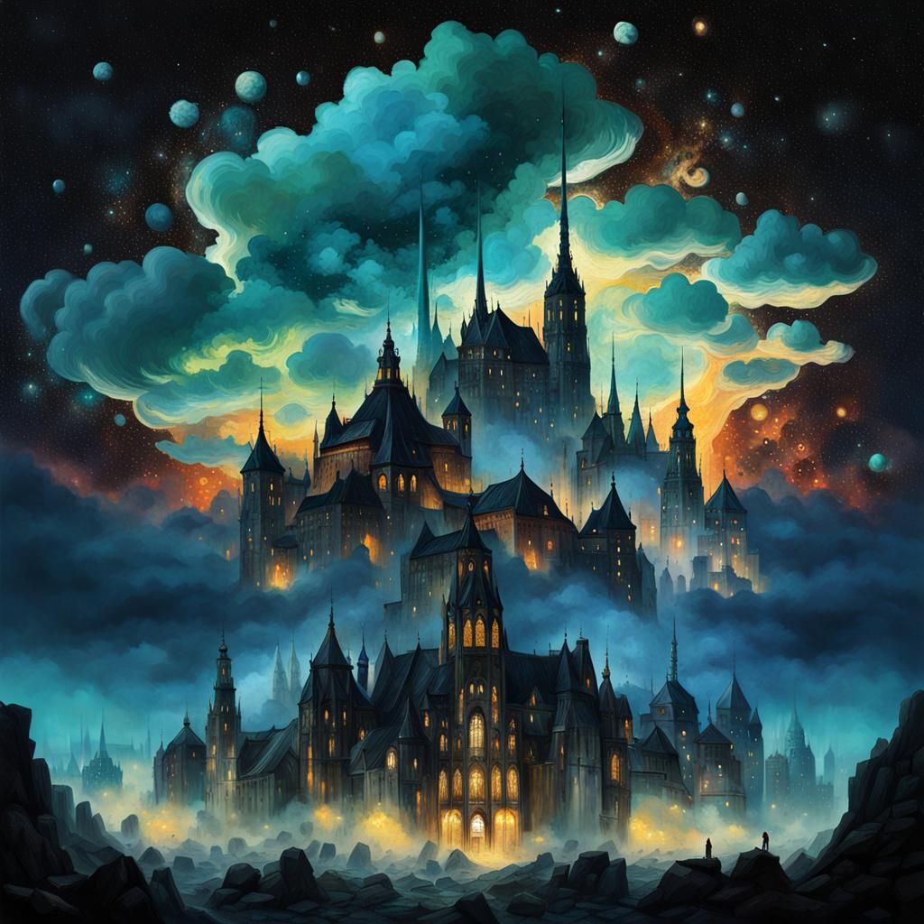 Ethereal Cloudscape with Cloud Buildings in Klimt Style