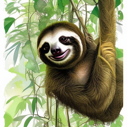 Happy Sloth Portrait in Illustrative Style
