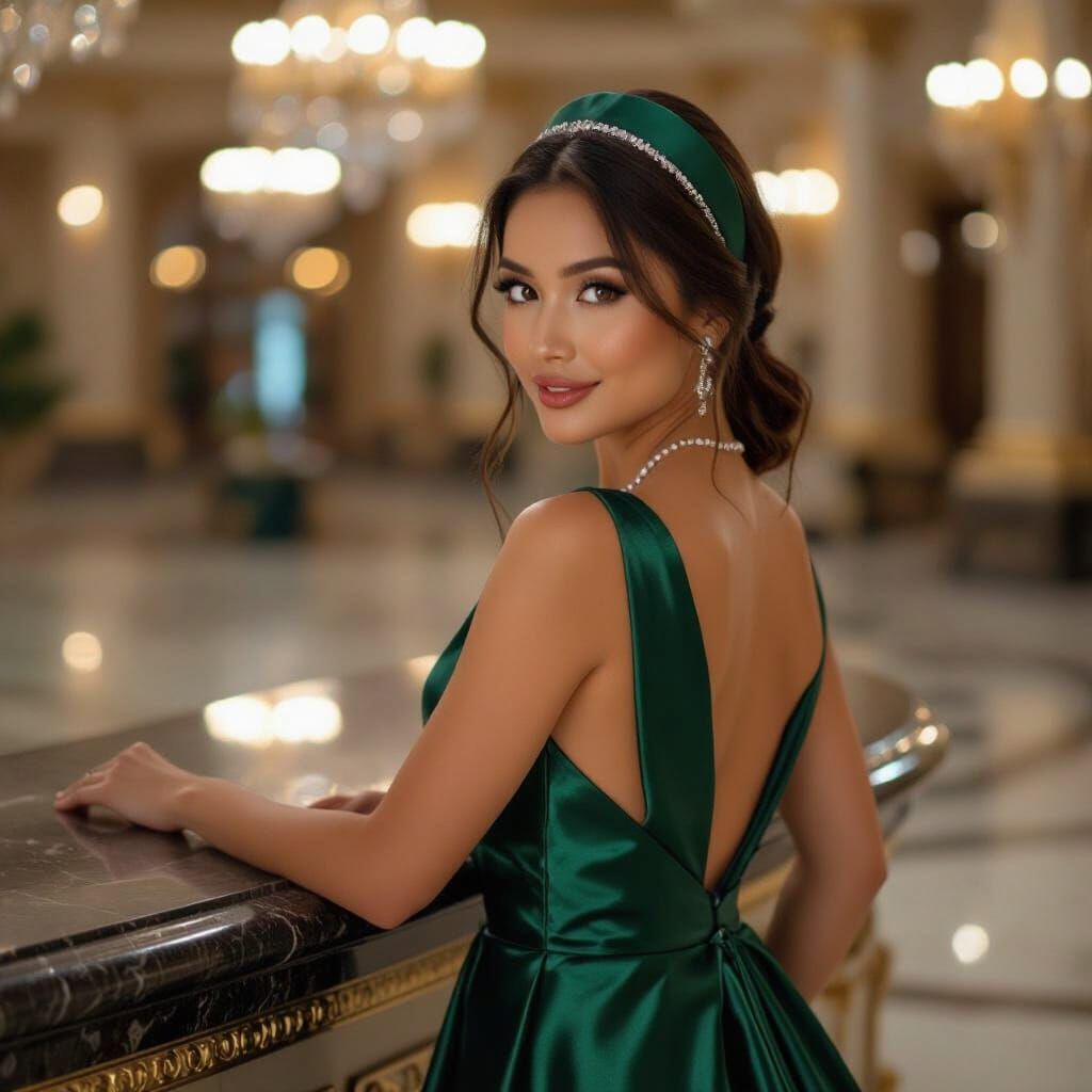 Elegant Filipina Woman in Metallic Gown at Ballroom