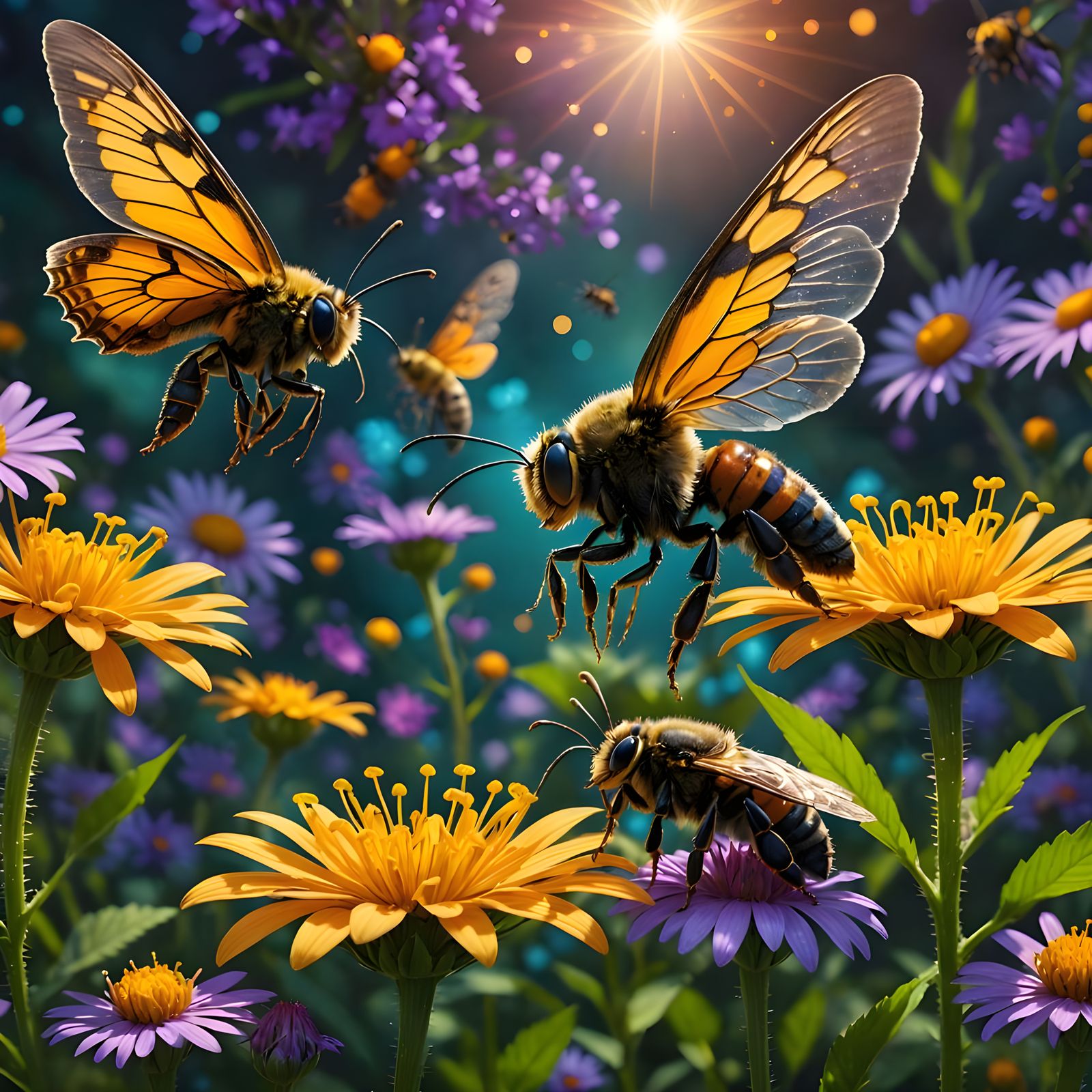 Enchanted Floral Realm: Pollinators in Whimsical Bloom