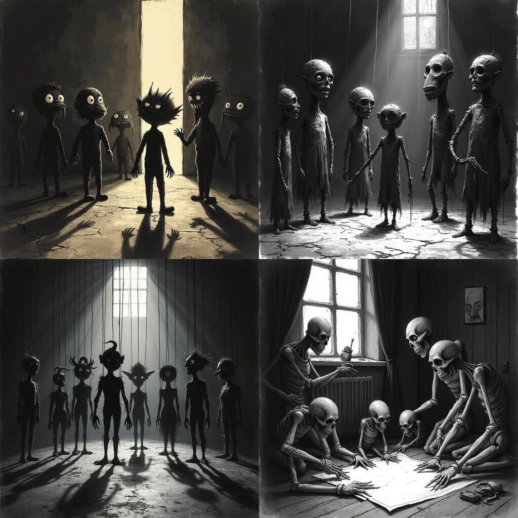 Grotesque Ink Puppets in Shadowy Cartoon Horror Style