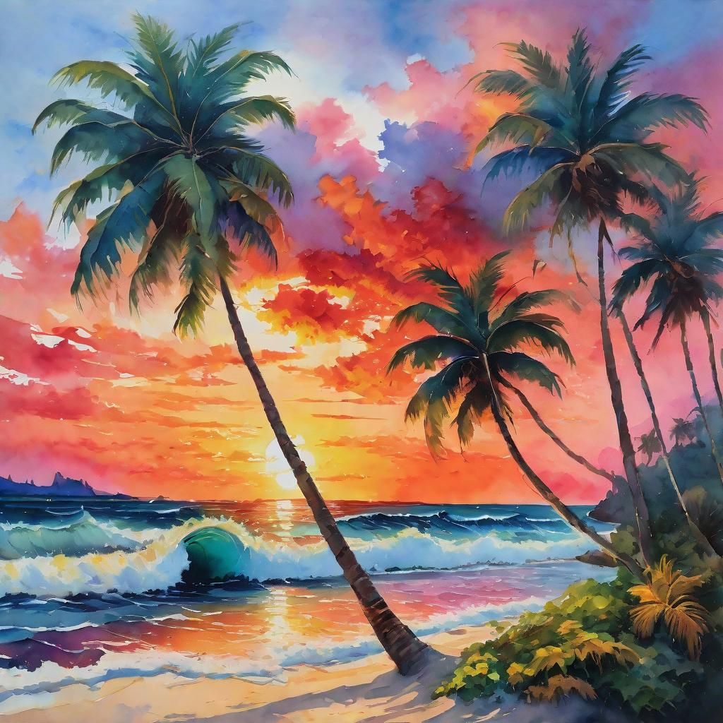 Tropical Paradise Sunset in Gouache Watercolor Style