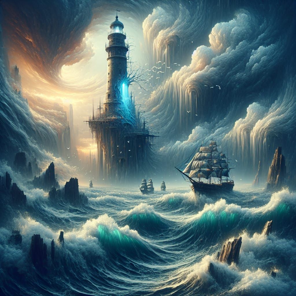 Lighthouse in Stormy Ocean: Fantastical Matte Painting