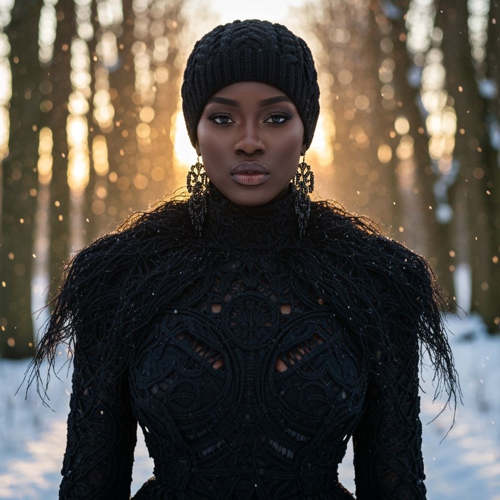 Ethereal Winter Portrait of Avant-Garde Black Woman in Fores...