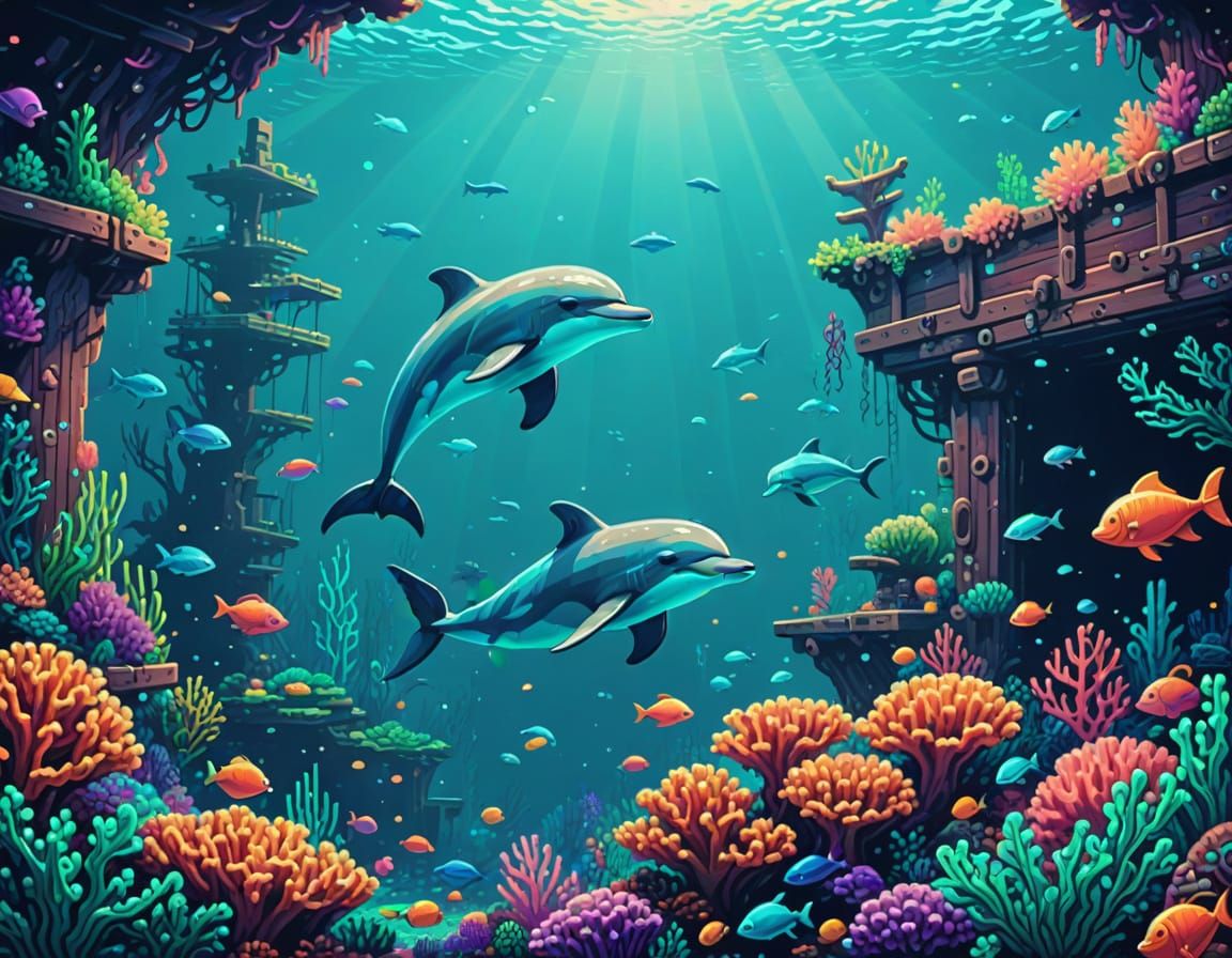 Dolphin in 8-Bit Pixel Art Retro Game Scene