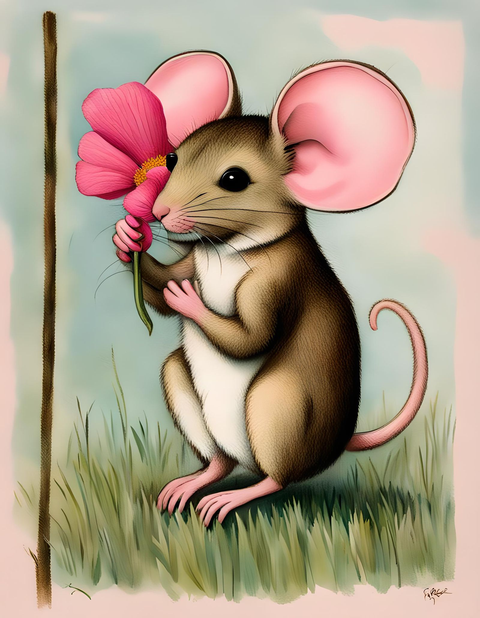 Mouse Smelling a Pink Flower