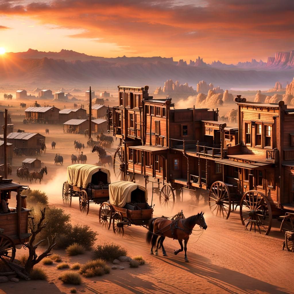 Western Town Sunset with Wagons: Matte Painting