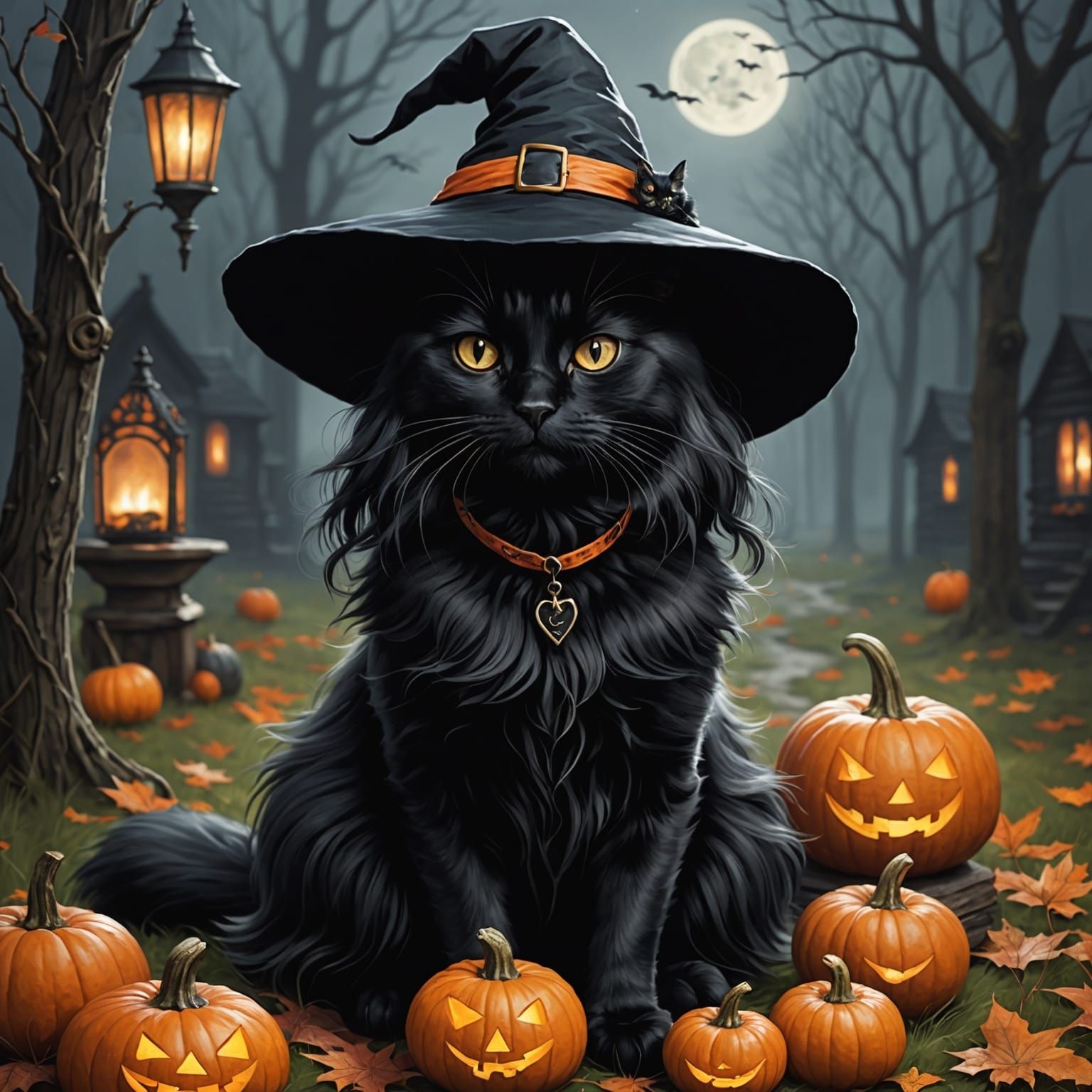 Girl Witch and Black Cat Illustration
