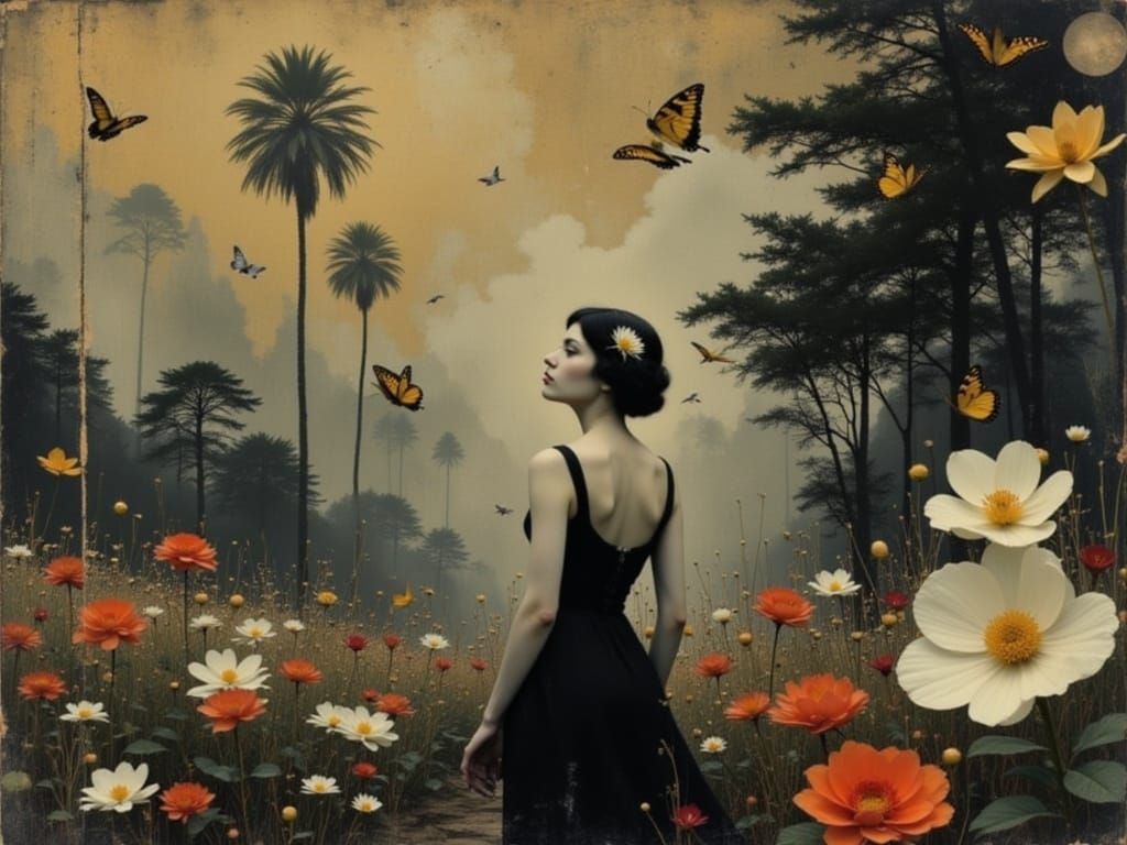 Art Deco Singer with Butterflies in Impasto Style