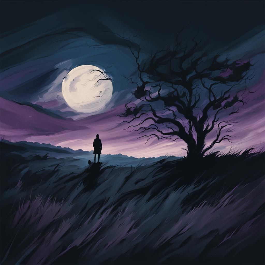 Ominous Silhouette in Windswept Meadow at Night