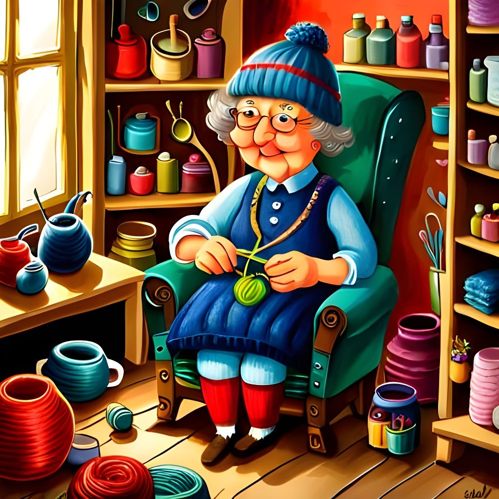 Miniature Grandma in Cozy Cottage Scene