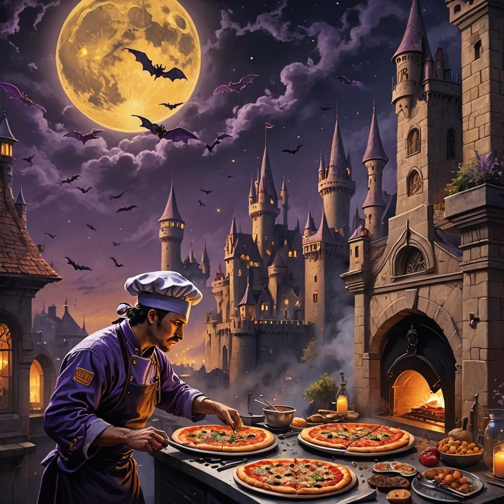 Dark Fantasy Chef Cooks Pizza Under Moonlight