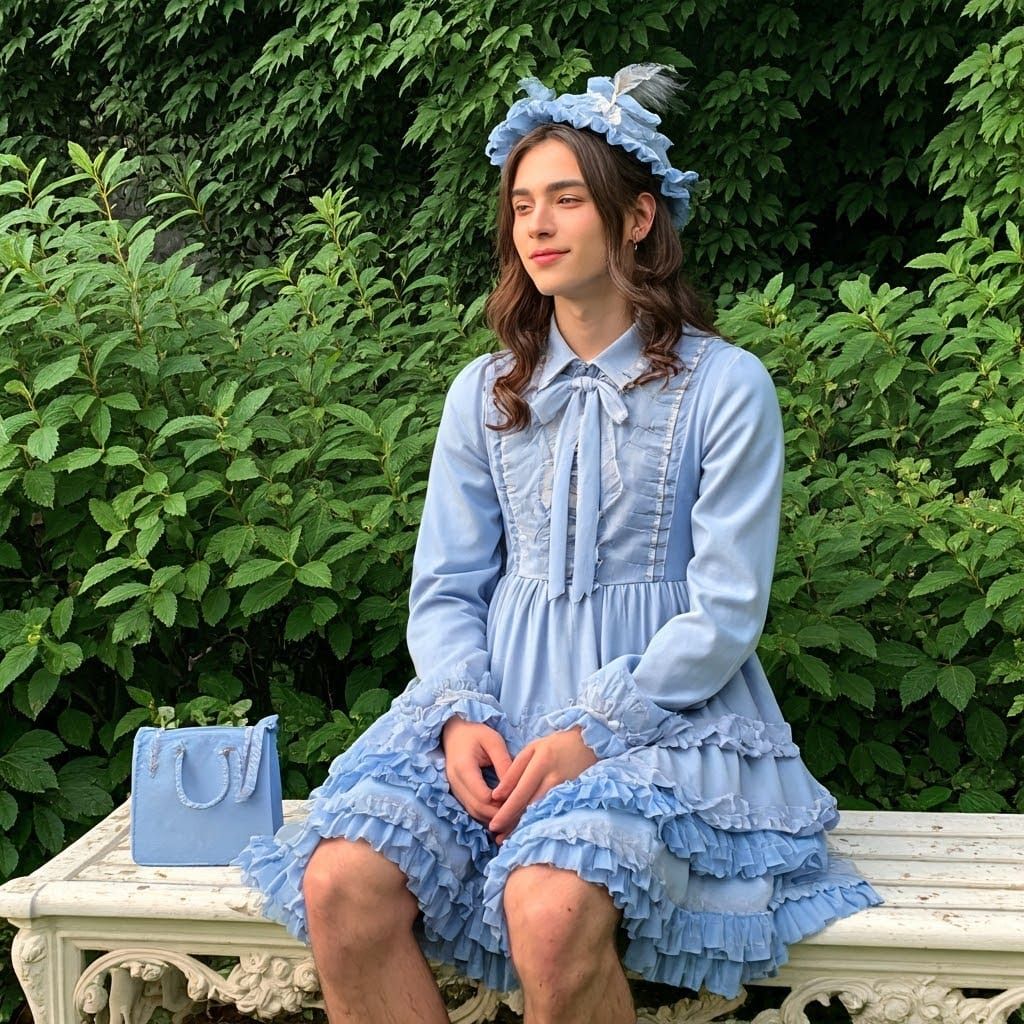 Charming Young Masculine Figure in Whimsical Garden Scene