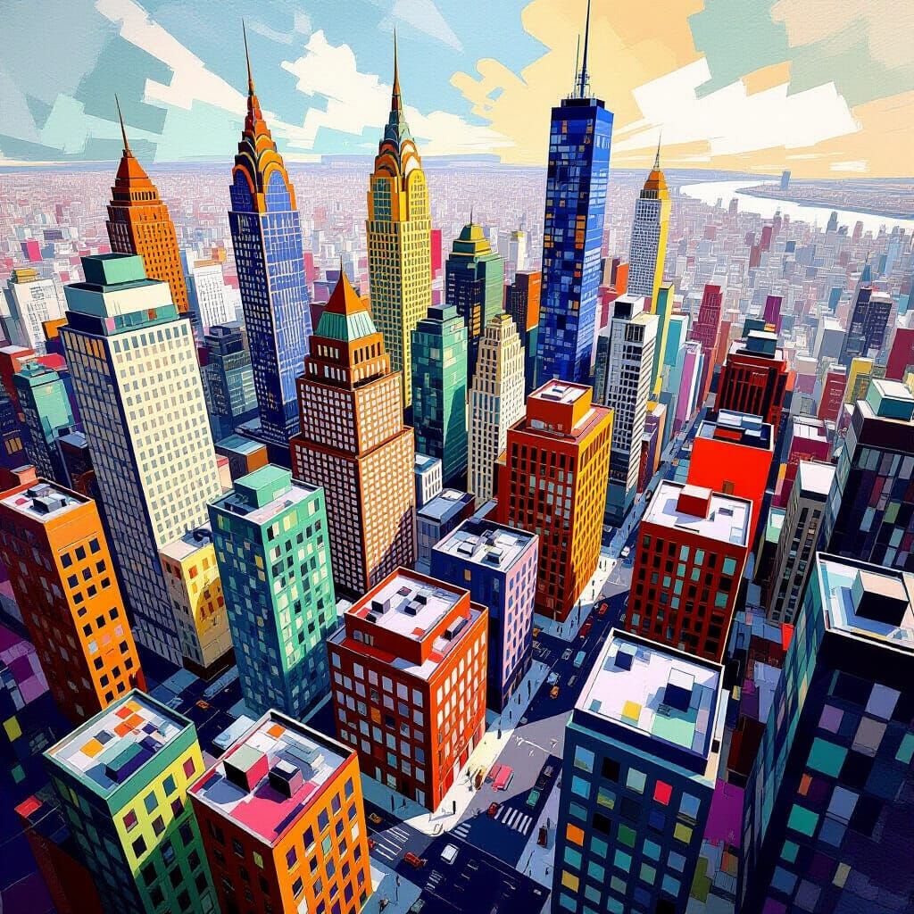 Geometric Fauvism Cityscape in Cubist Art Deco Style
