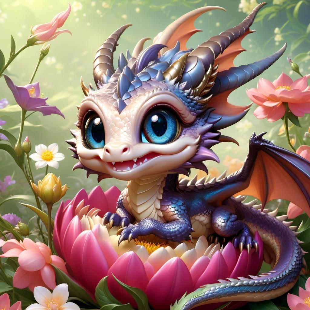 Adorable Dragon Portrait on Flower, Anime Style