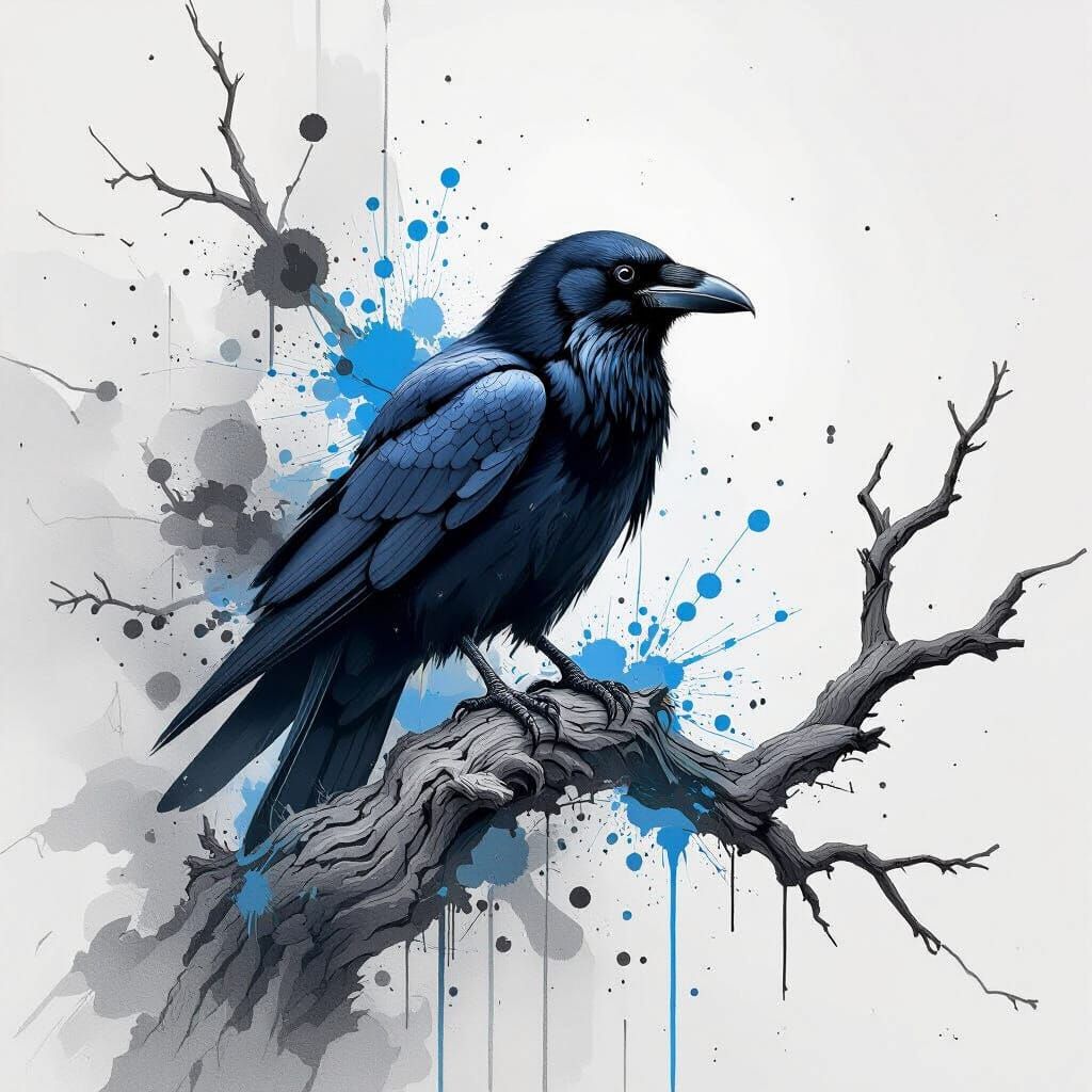 Monochrome Raven on Branch in Mixed-Media Illustration
