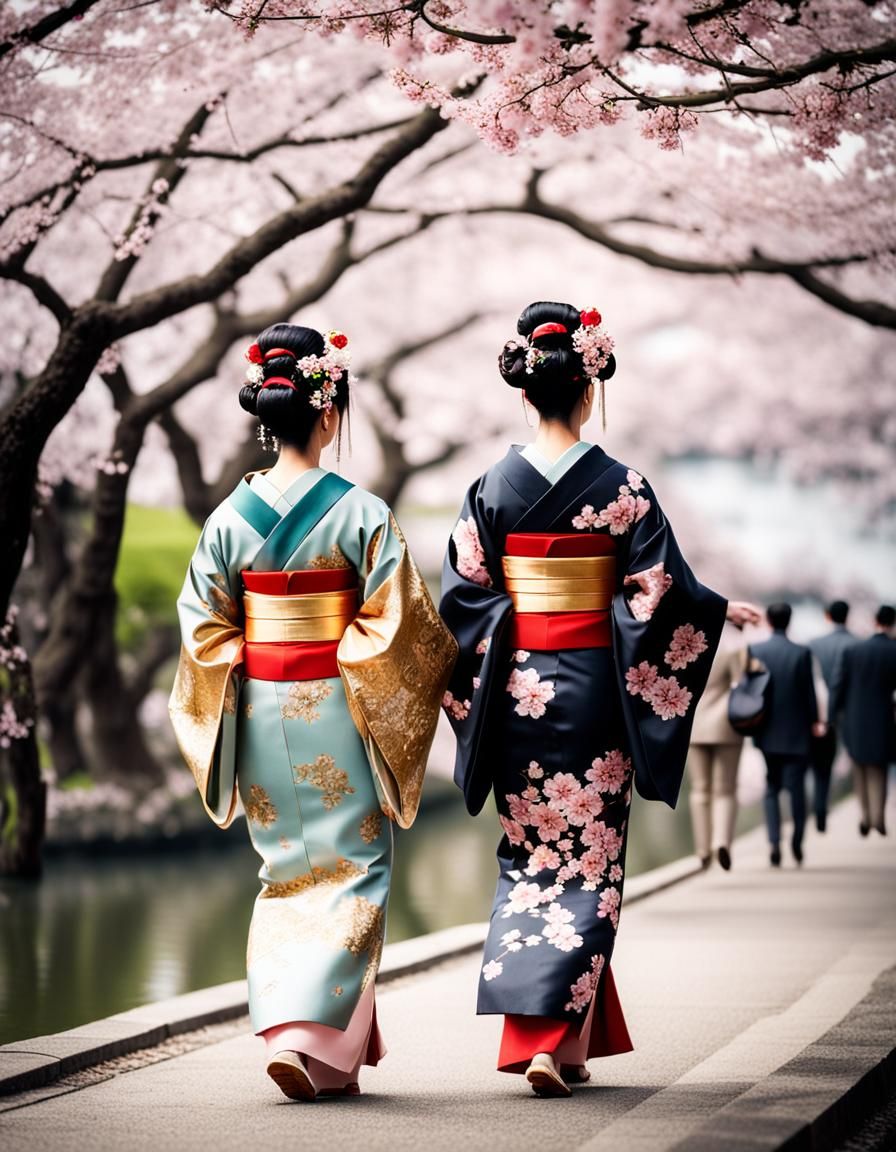 Maiko and Geiko Under Cherry Blossoms