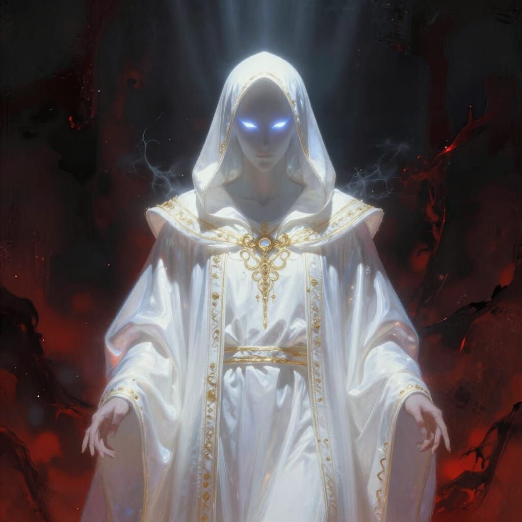 Faceless Prophet With Glowing Eyes in Ethereal Aura
