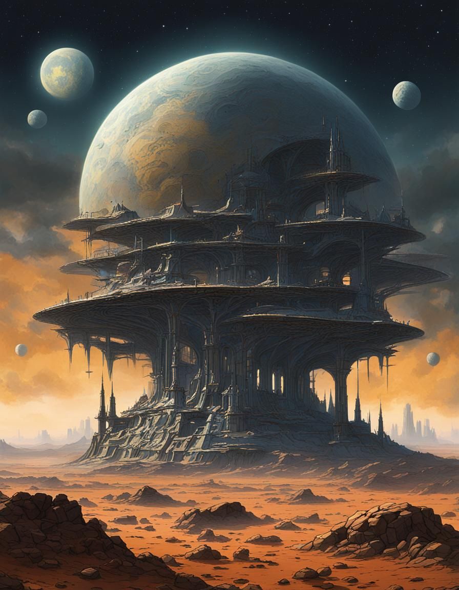 Ferdinand Knab A vast futuristic alien ruin on a dusky dead world. Moons in the sky.