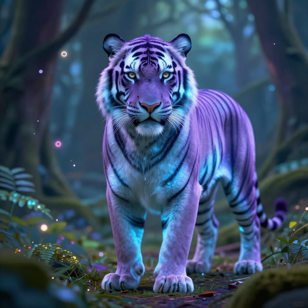 Majestic 3D Tiger with Surreal Glowing Fur in Mystical Fores...