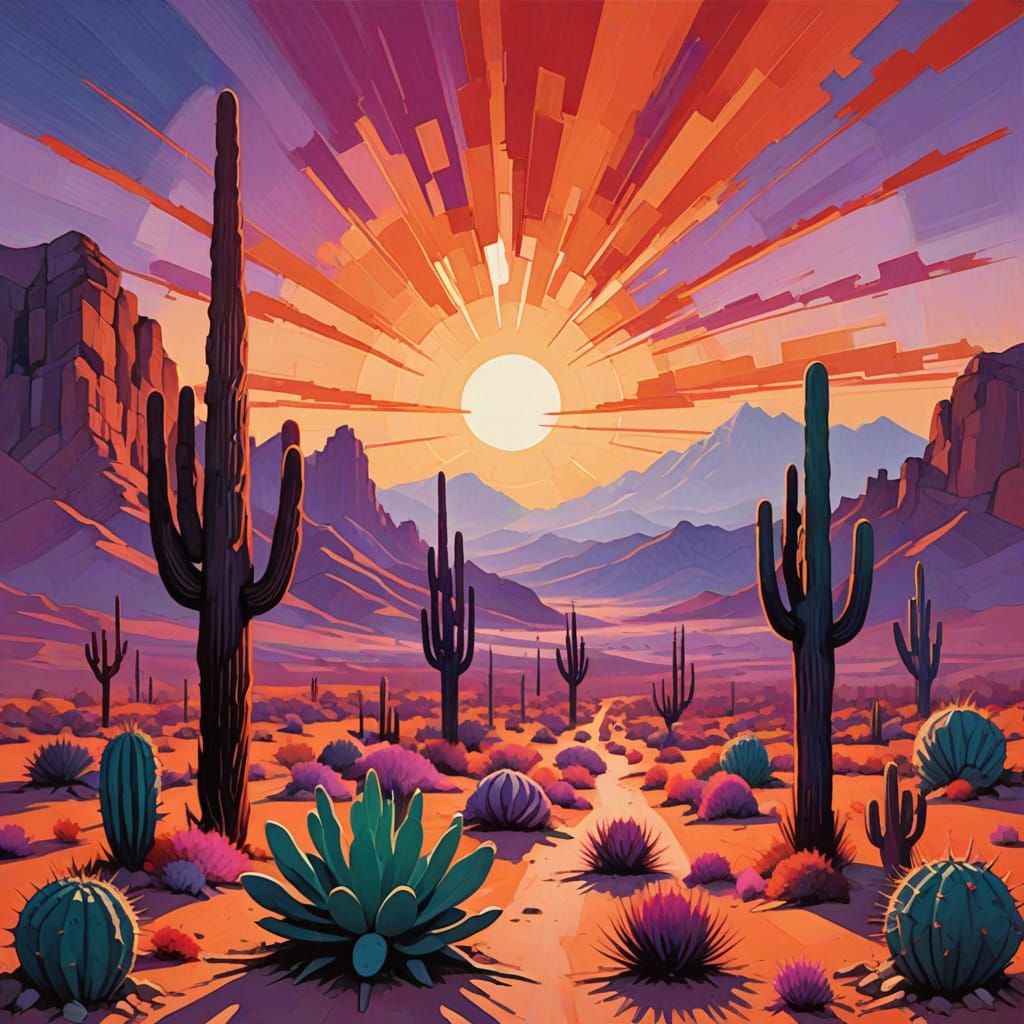 Surreal Geometric Cacti Under Vivid Sunset Sky