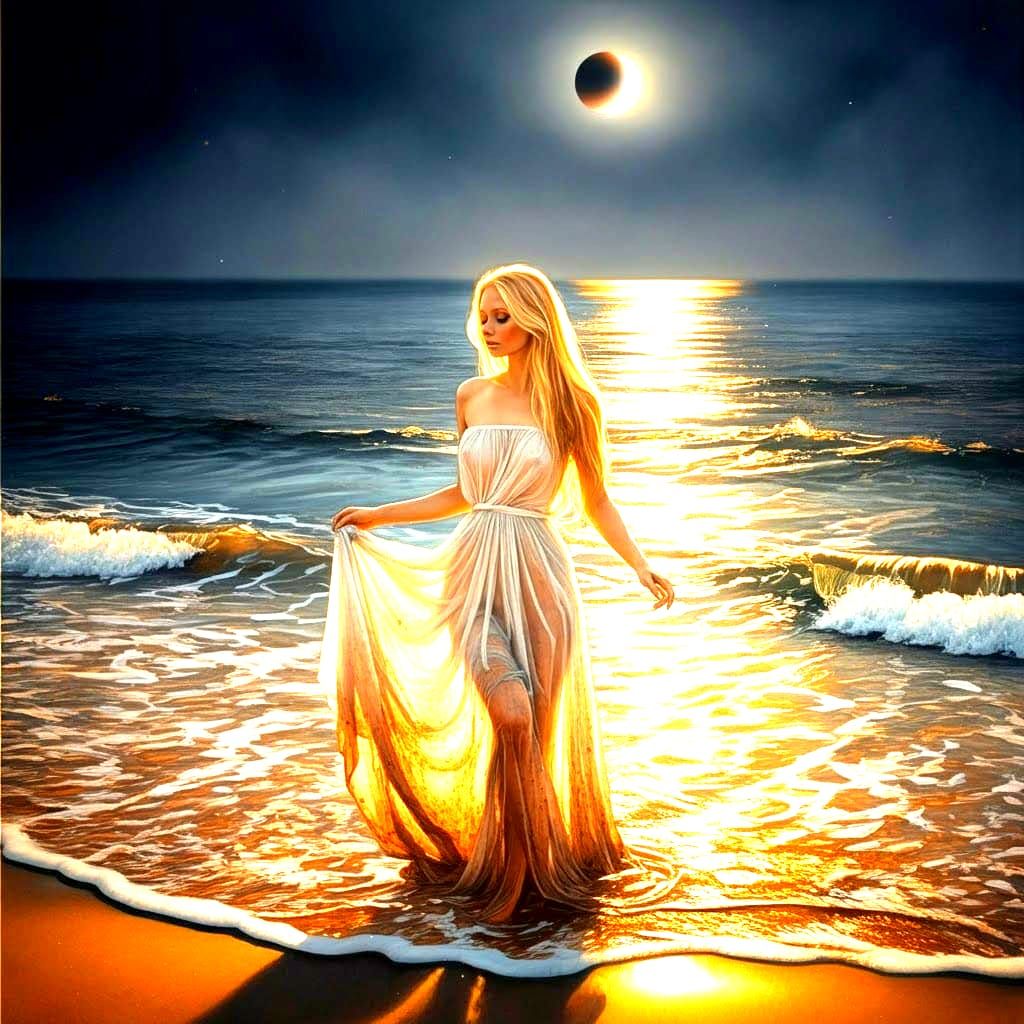 Ethereal Woman Emerges from Ocean at Night