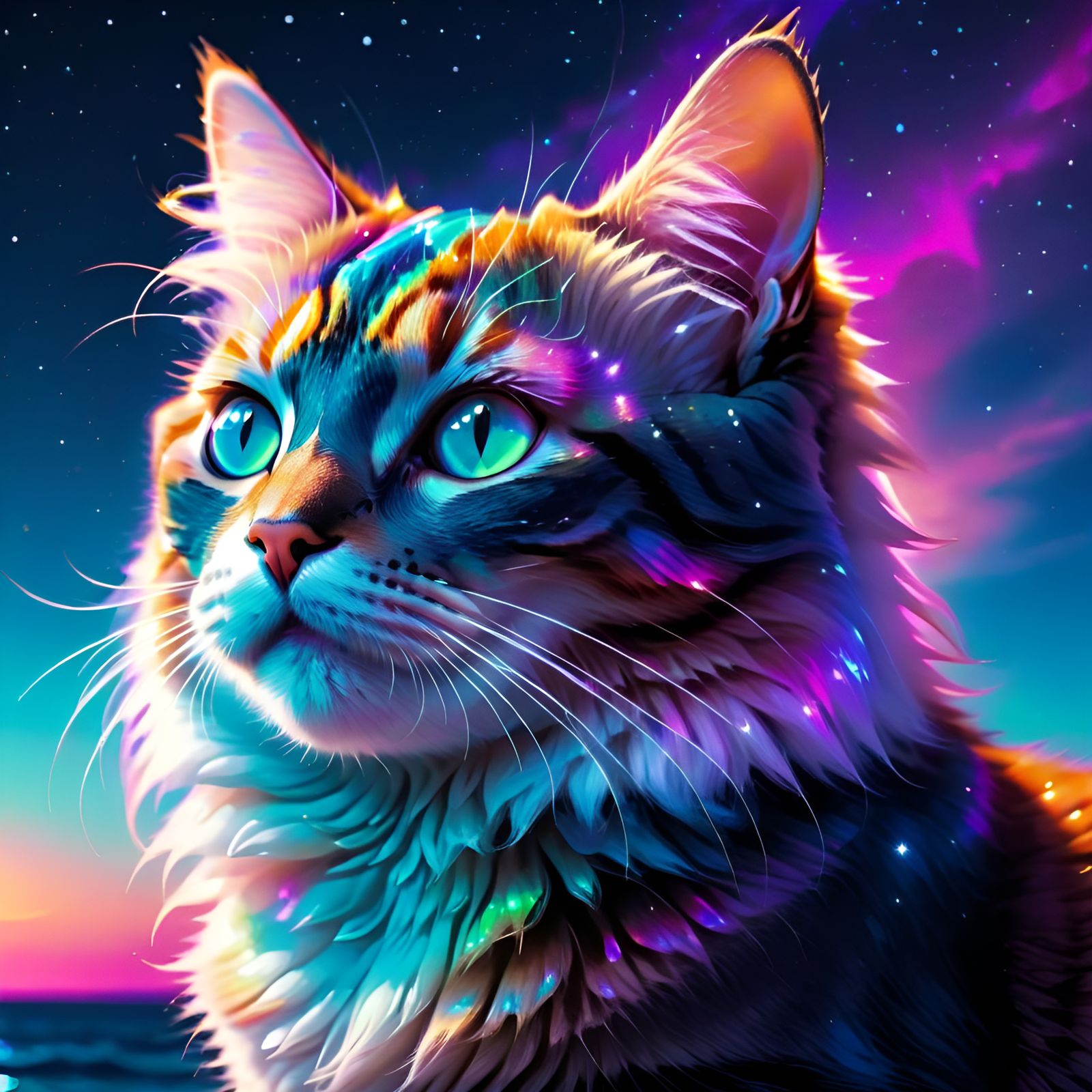 Mystical Cat Portrait in Synthwave Neon Style