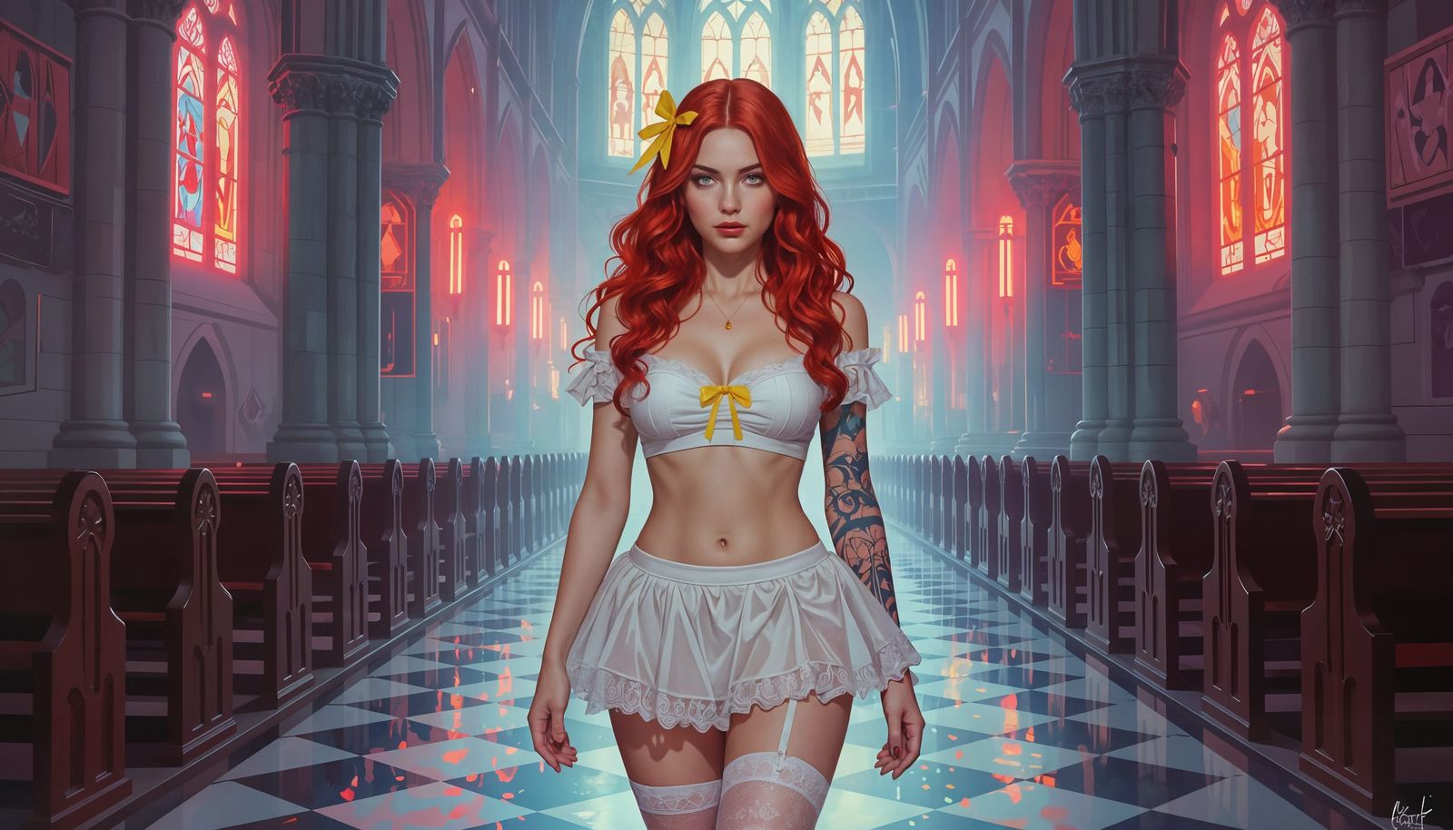 Victorian Gal in Neon Post-Apocalyptic Cathedral