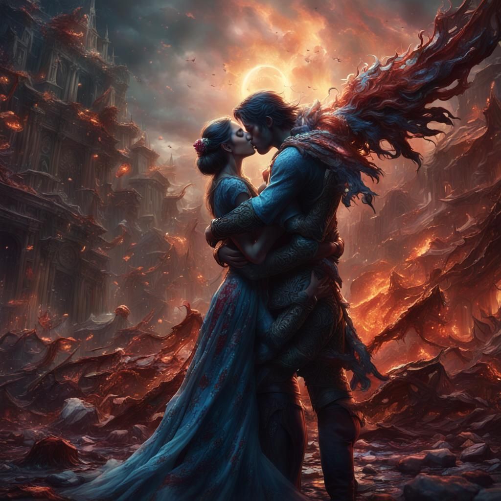 Lovers' Kiss Amidst Crumbling World: Fantasy Concept Art