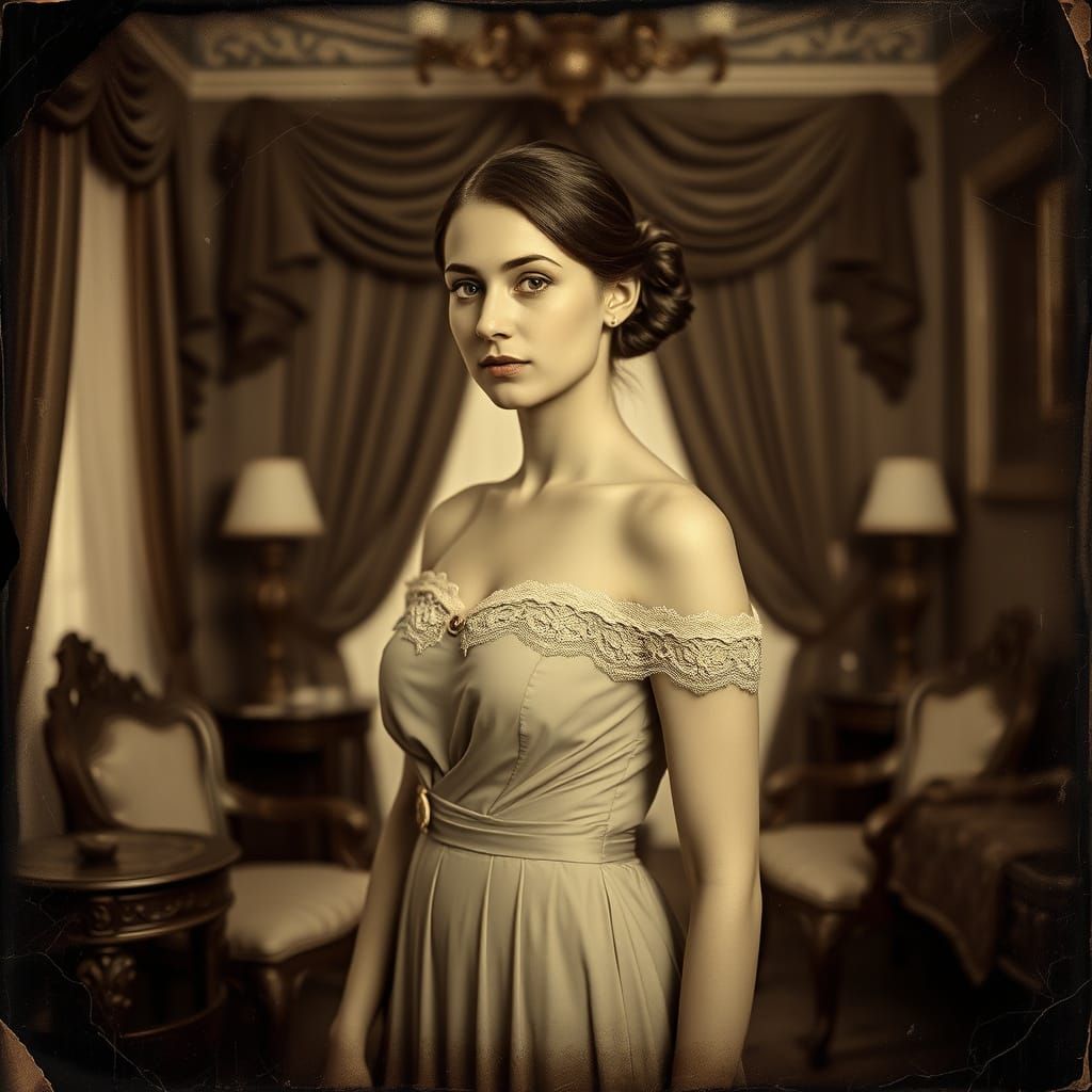 Elegant Woman in Sepia Vintage Daguerreotype Photograph