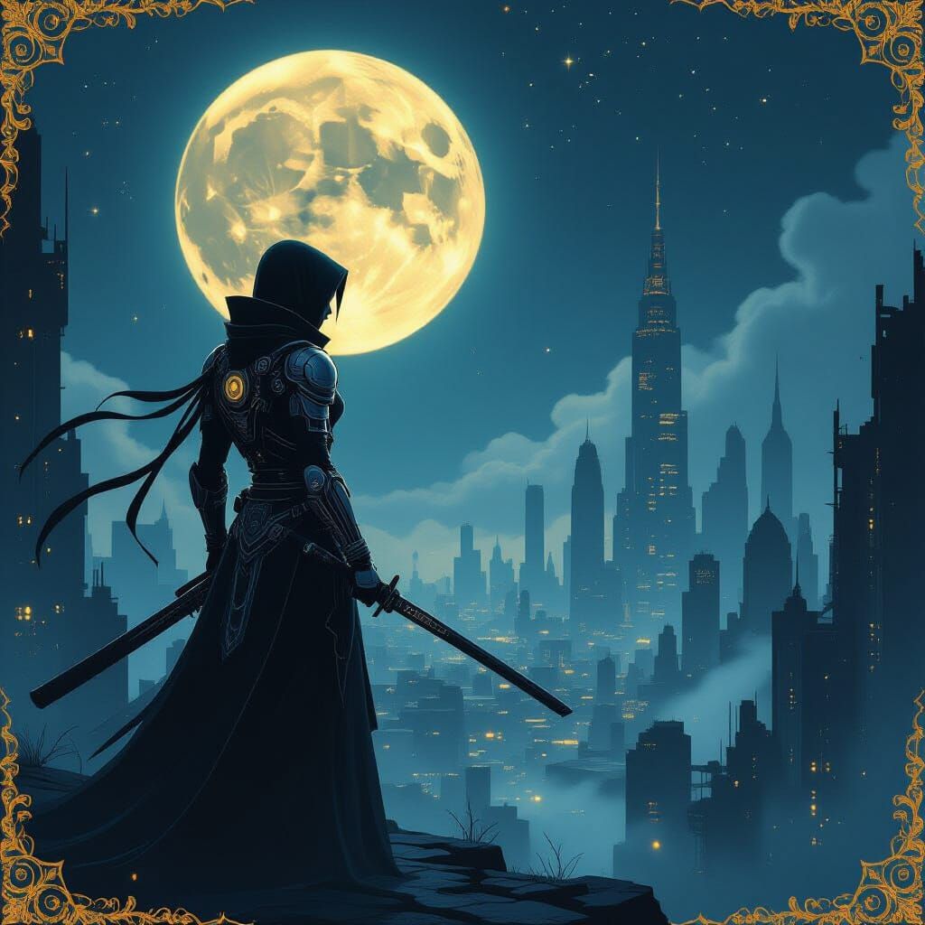 Sci-Fi Ninja Overlooks Ruined City in Moonlight, Klimt Anime...